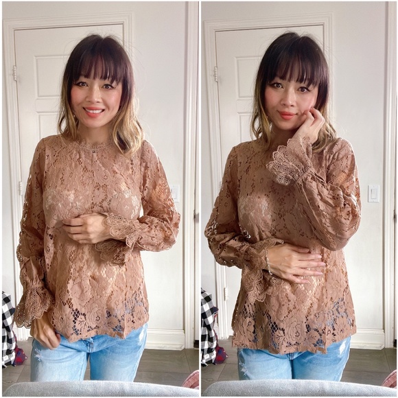 #44 Boho Floral Lace Sheer Flounce Sleeve Blouse - Picture 5 of 7
